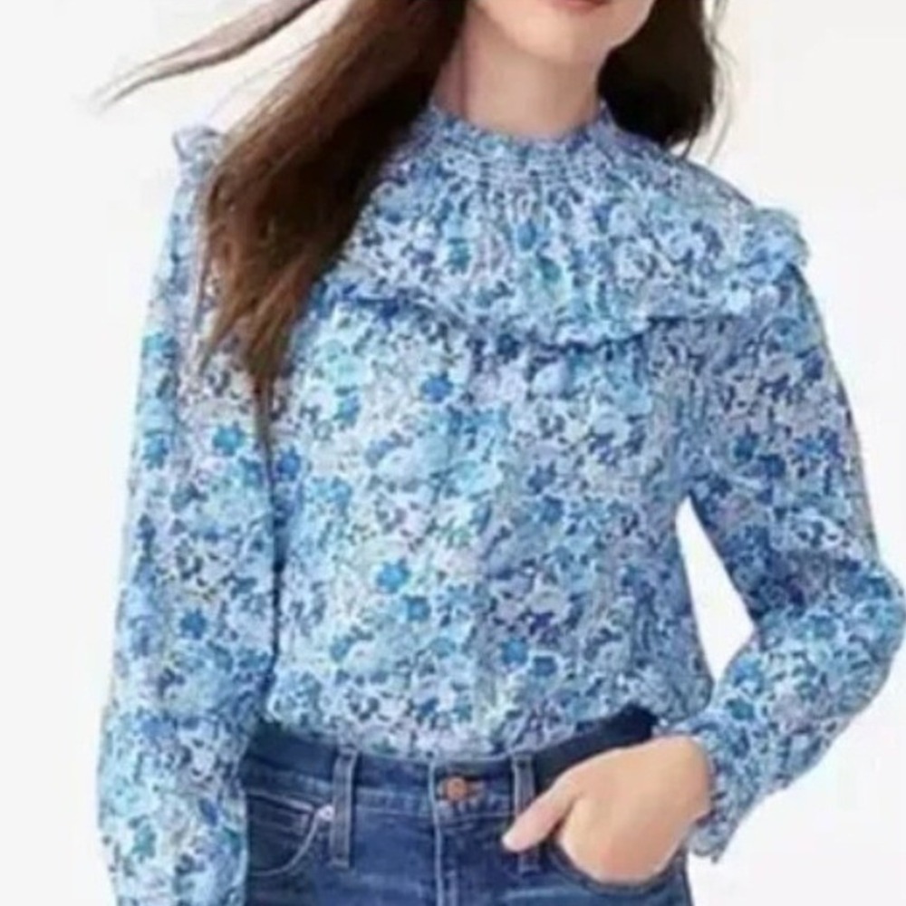 J.Crew Liberty of London Blue Floral‎ Ruffle Smocked Cotton Blouse XS